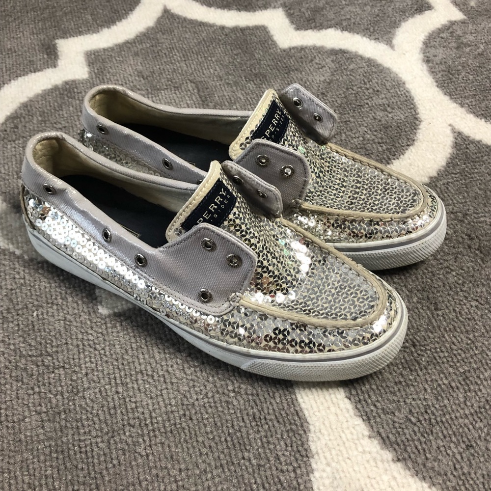 Sperry Loafers Womens 8.5 Topsider Silver Sequin Lace Up Shoes